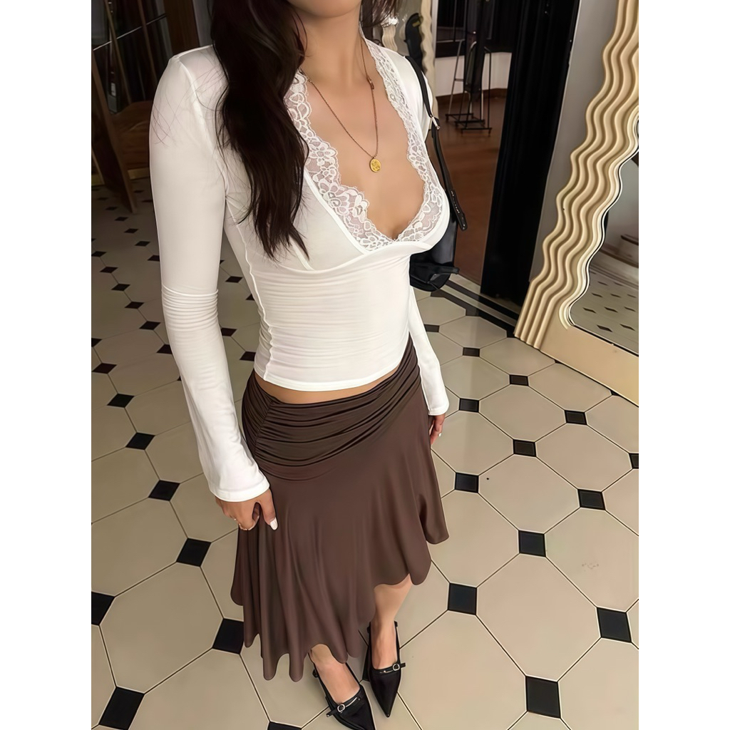 𝐀𝐢𝐬𝐡𝐚 𝐒𝐤𝐢𝐫𝐭 - Chân Váy Lửng Bất Đối Xứng Nhún Eo Cạp Trễ Màu Nâu Trendy Phong Cách Y2K Xu Hướng 2026 | BigBuy360 - bigbuy360.vn