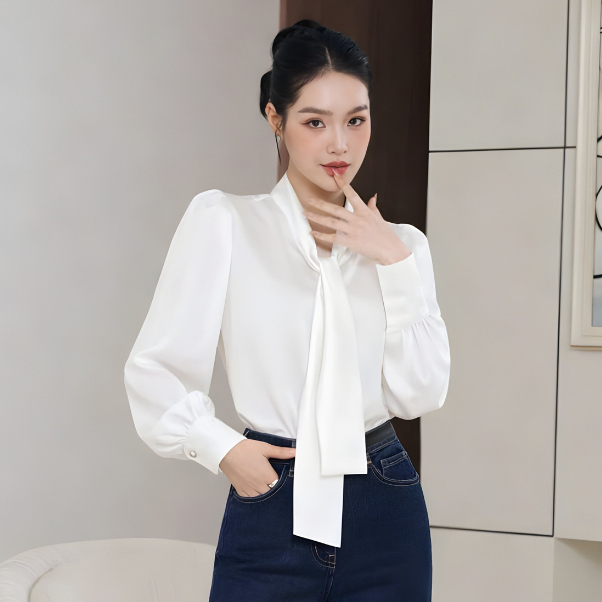 Áo sơ mi lụa vân nhăn A623 cổ nơ thanh lịch sang trọng màu đỏ, trắng