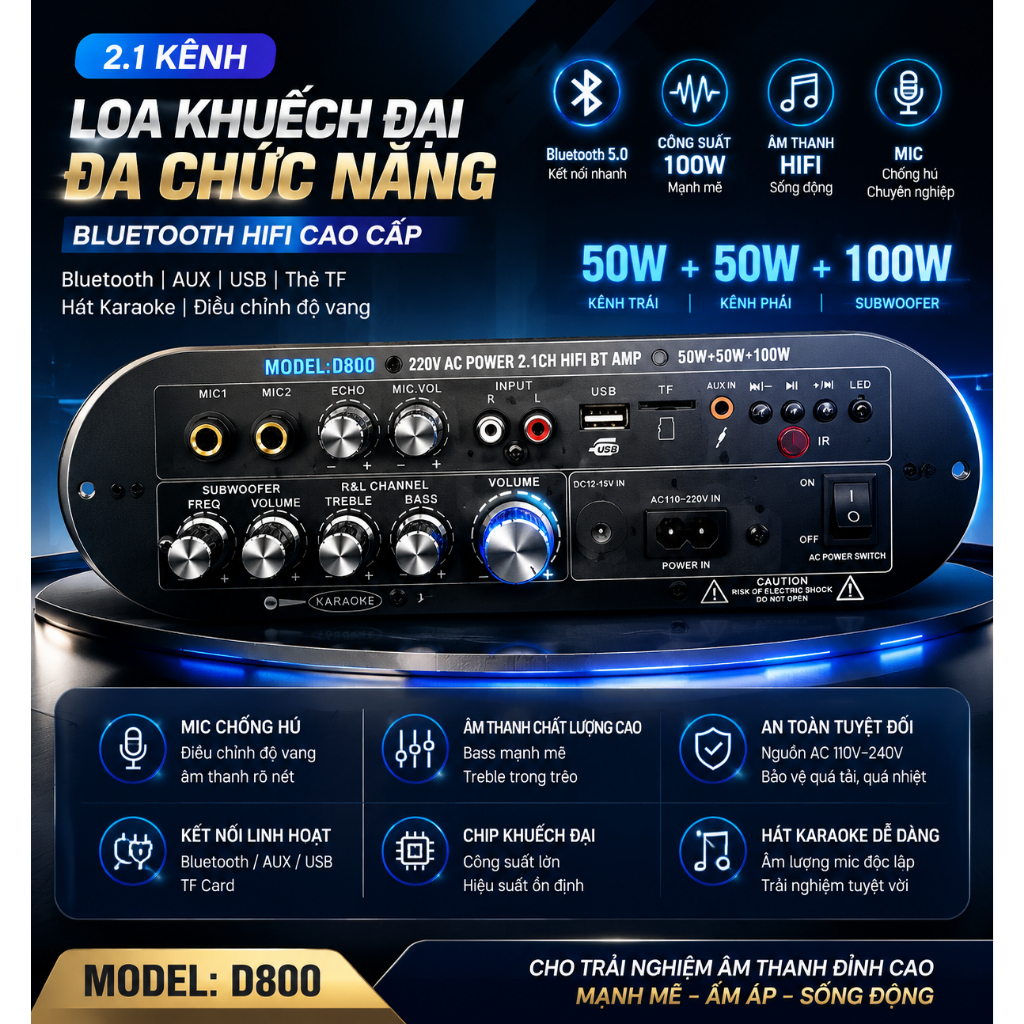 Amply Karaoke Bluetooth 2.1 D800 – Echo mic, chỉnh bass/treble, Bluetooth 5.0, công suất lớn 50W+50W