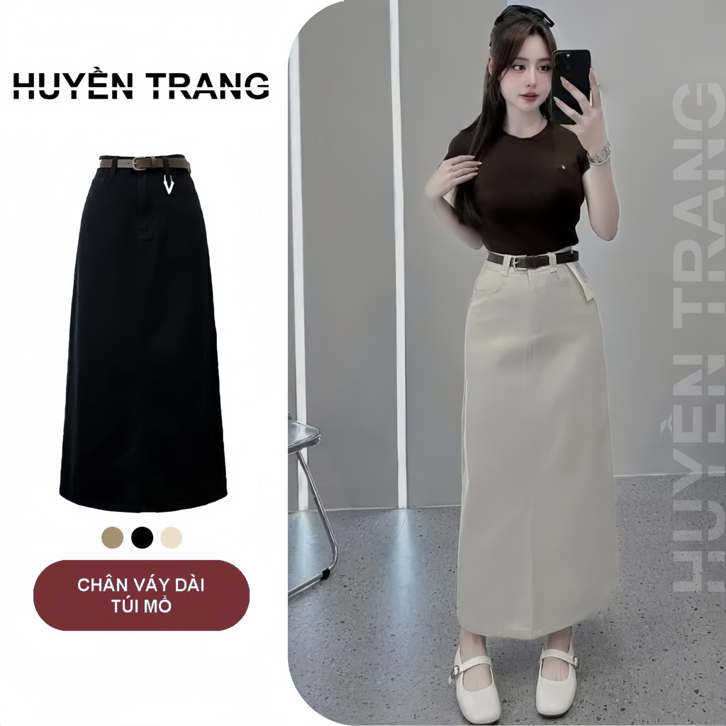 Chân váy kaki nữ dài 85cm dáng suông xẻ tà sau mềm mịn co giãn nhẹ cạp cao tôn dáng thanh lịch M688