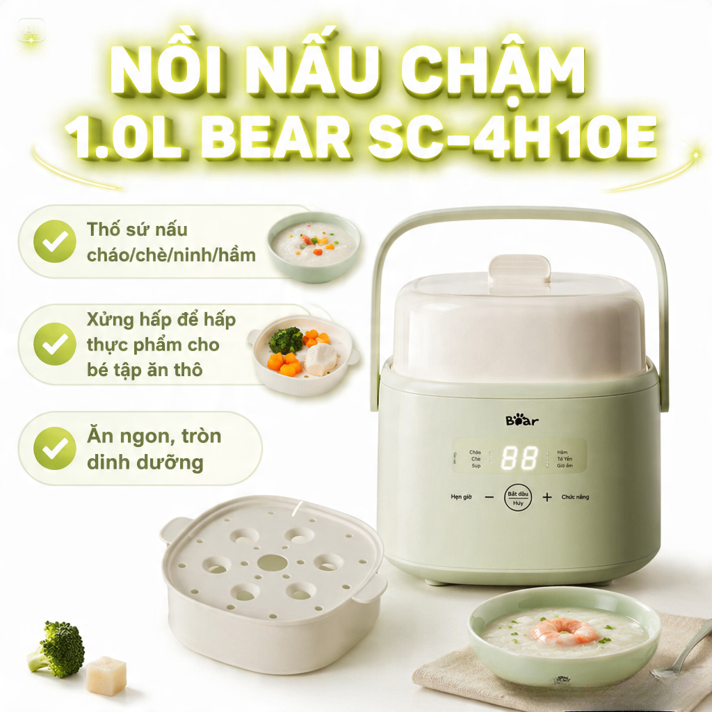 Nồi Nấu Chậm BEAR 1L, Nấu Chè Hầm SC-4H10E, 7 chế độ nấu sẵn,kèm xửng hấp Giữ ấm 24h.