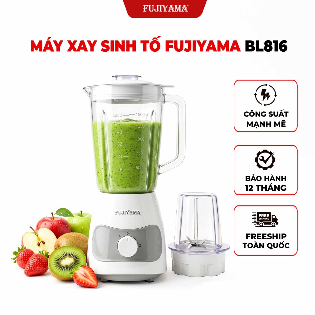 Máy Xay Sinh Tố Đa Năng Fujiyama BL816 600W | Combo 2 Cối Tiện Lợi | Nhựa ABS Thực Phẩm | BH 1 Năm