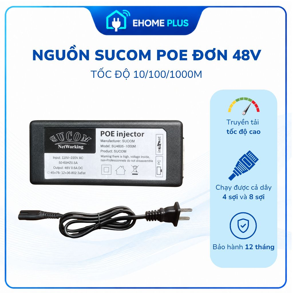 Nguồn PoE SUCOM 48V 0.6A Injector & Splitter 48V ra 12V cho Camera PoE, WiFi AP, cấp nguồn LAN | C10