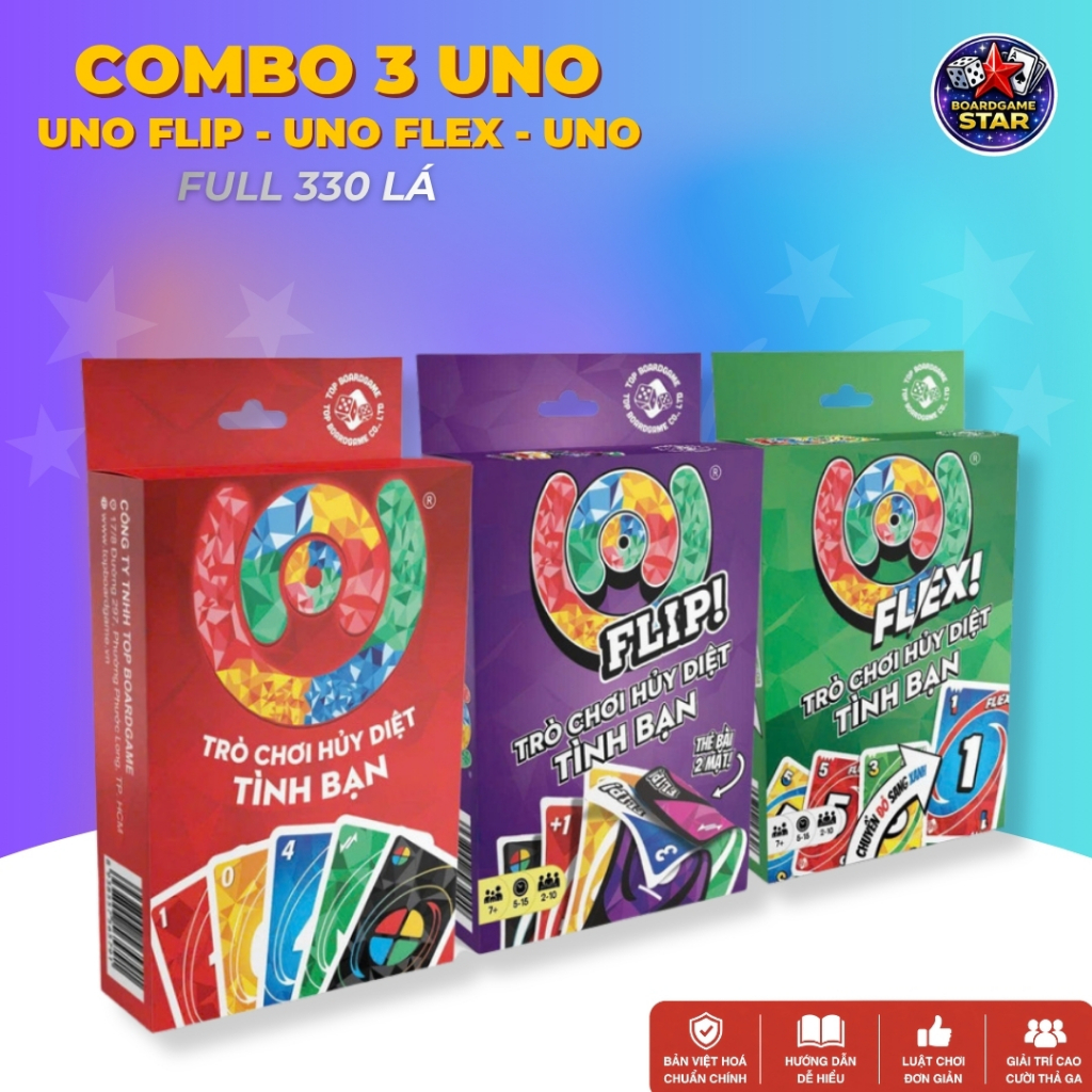 COMBO (3 UNO FLIP, UNO, UNO Flex 330 thẻ bài ) boardgame vui vẻ cho gia đình và bạn bè rất tiện lợi 