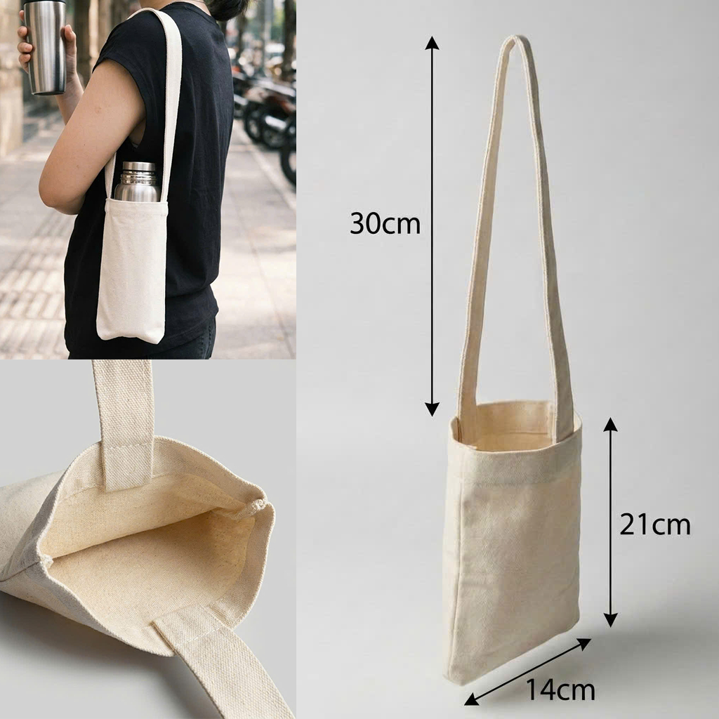 Túi vải canvas đựng bình ly giữ nhiệt, cốc cà phê, trà sữa kèm quai xách tiện lợi giúp bảo vệ môi trường Tbinha196