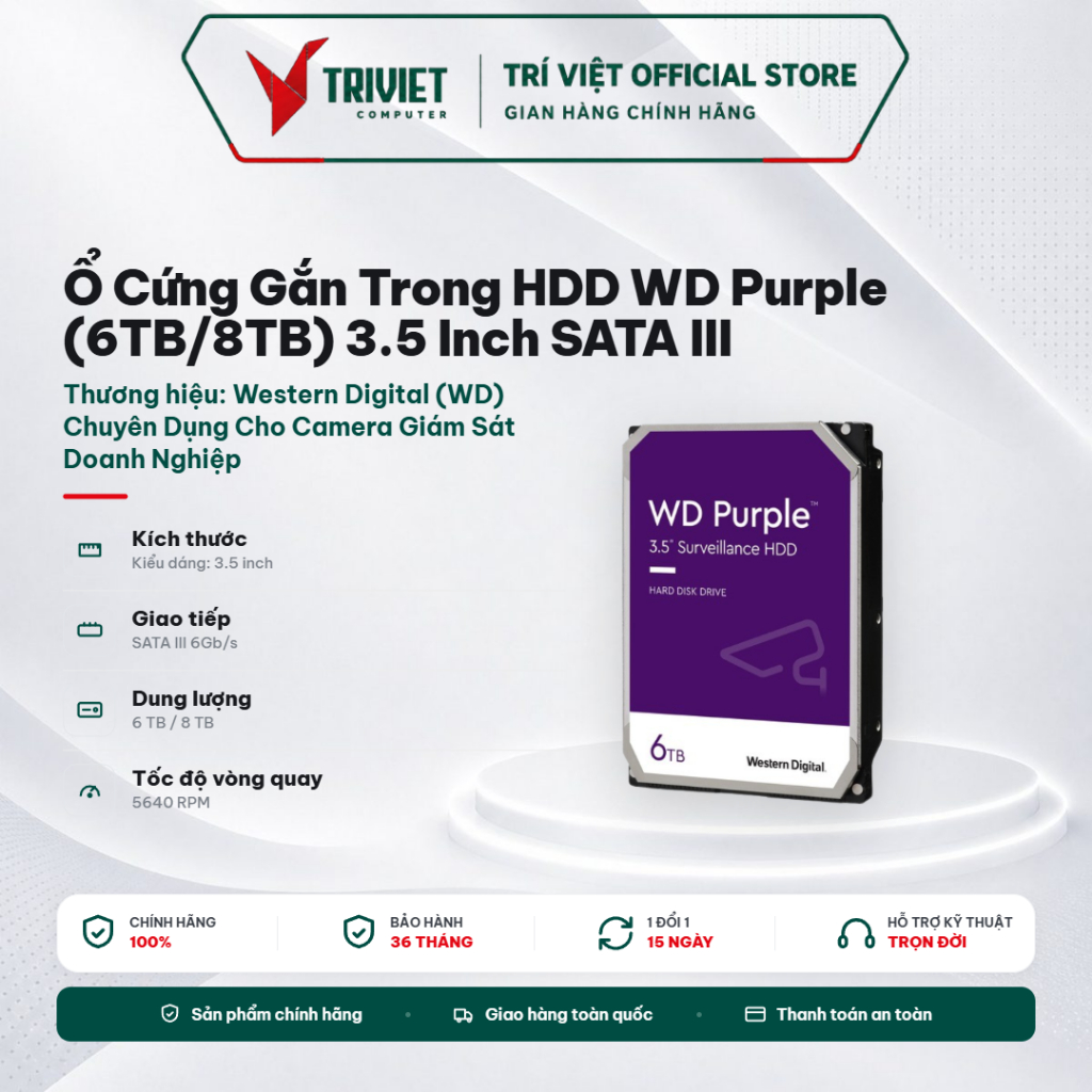 Ổ Cứng Gắn Trong HDD WD Purple (6TB/8TB) 3.5 Inch SATA III 256MB Cache 5640RPM Ổ Cứng Camera Giám Sá