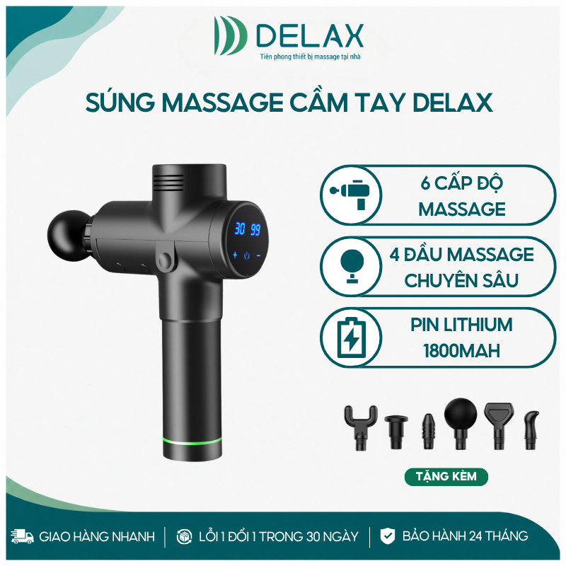 Súng Massage Cầm Tay DELAX 30 Cấp Độ, 6 Đầu Massage Chuyên Sâu, Giảm Đau Nhức Cơ Toàn Thân DS21