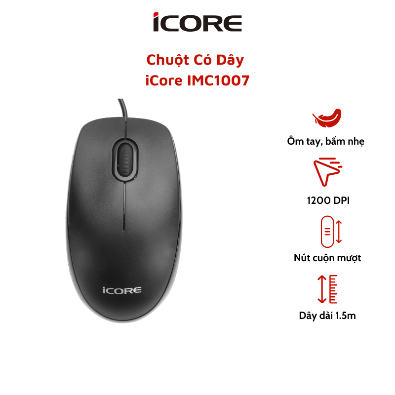 Chuột Có Dây iCore IMC1007 - Silent 90%, Cảm Biến 1200 DPI, Giá Rẻ - HÀNG CHÍNH HÃNG