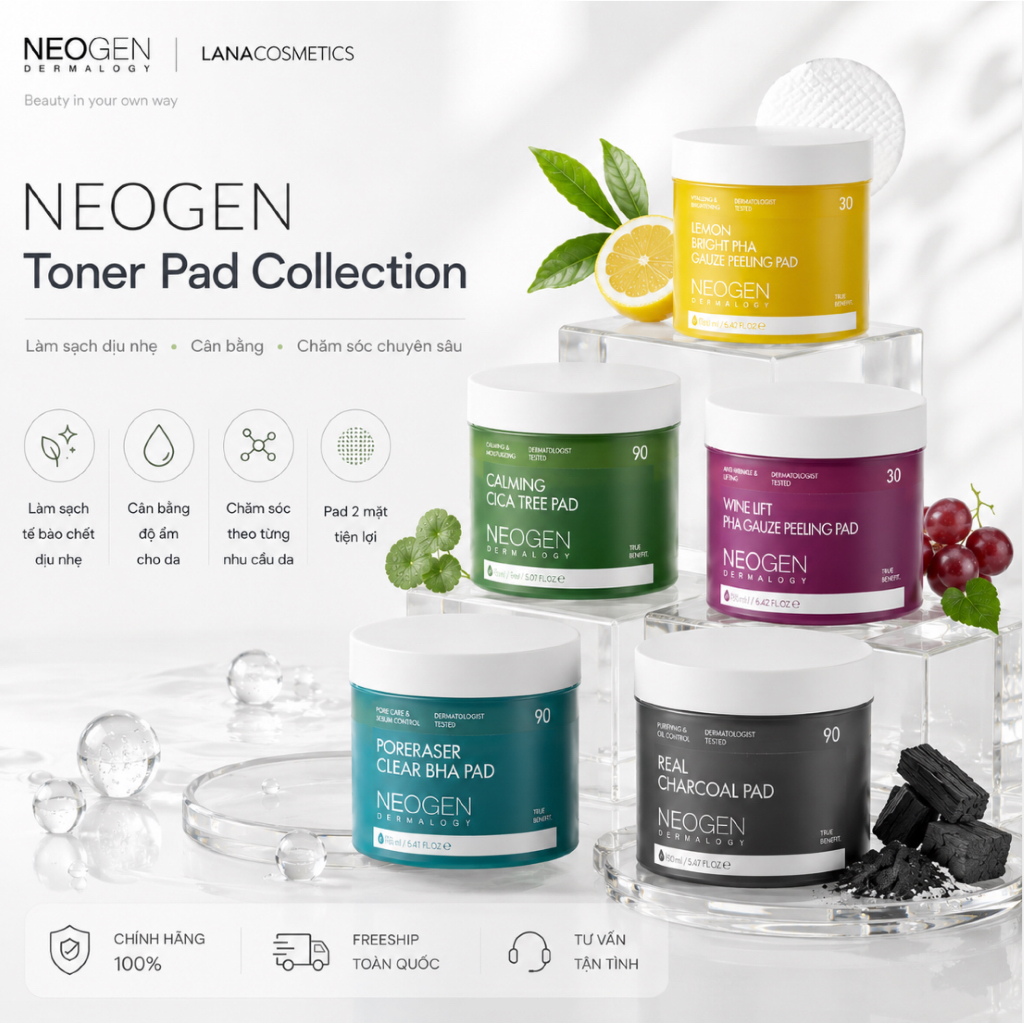 Toner Pad Neogen | Dưỡng Sáng - Cica - BHA - Than Tre - Wine