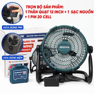 Quạt Tích Điện 12 Inch Bossun M21B-Q12I Dùng Pin & Cắm Điện, Động Cơ Không Chổi Than, Quay 360°