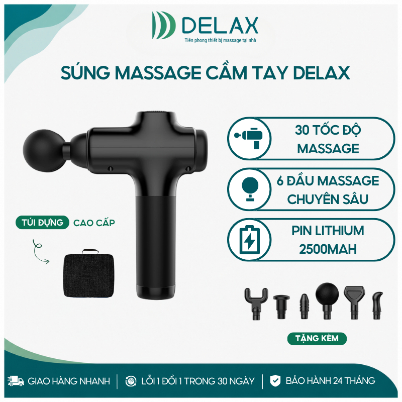 Súng Massage Cầm Tay DELAX 30 Cấp Độ, 6 Đầu Massage Toàn Thân, Giảm Đau Nhức Cơ Bắp Chuyên Sâu DS12