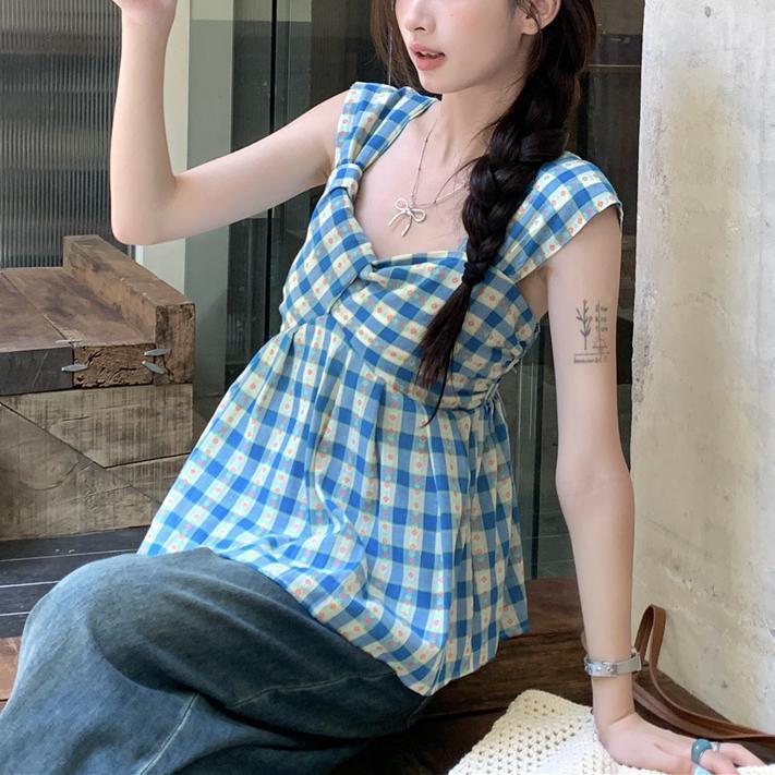 A02 - Áo hai dây bản to, kẻ caro hoa xinh, kiểu dáng babaydoll by Aye Wear