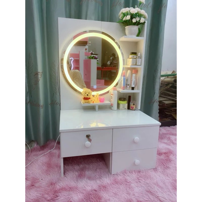 [FURNI HOME INBOX ZALO NGAY] J04-Bàn trang điểm ngồi bệt gương led cảm ứng, gương tròn.3nk
