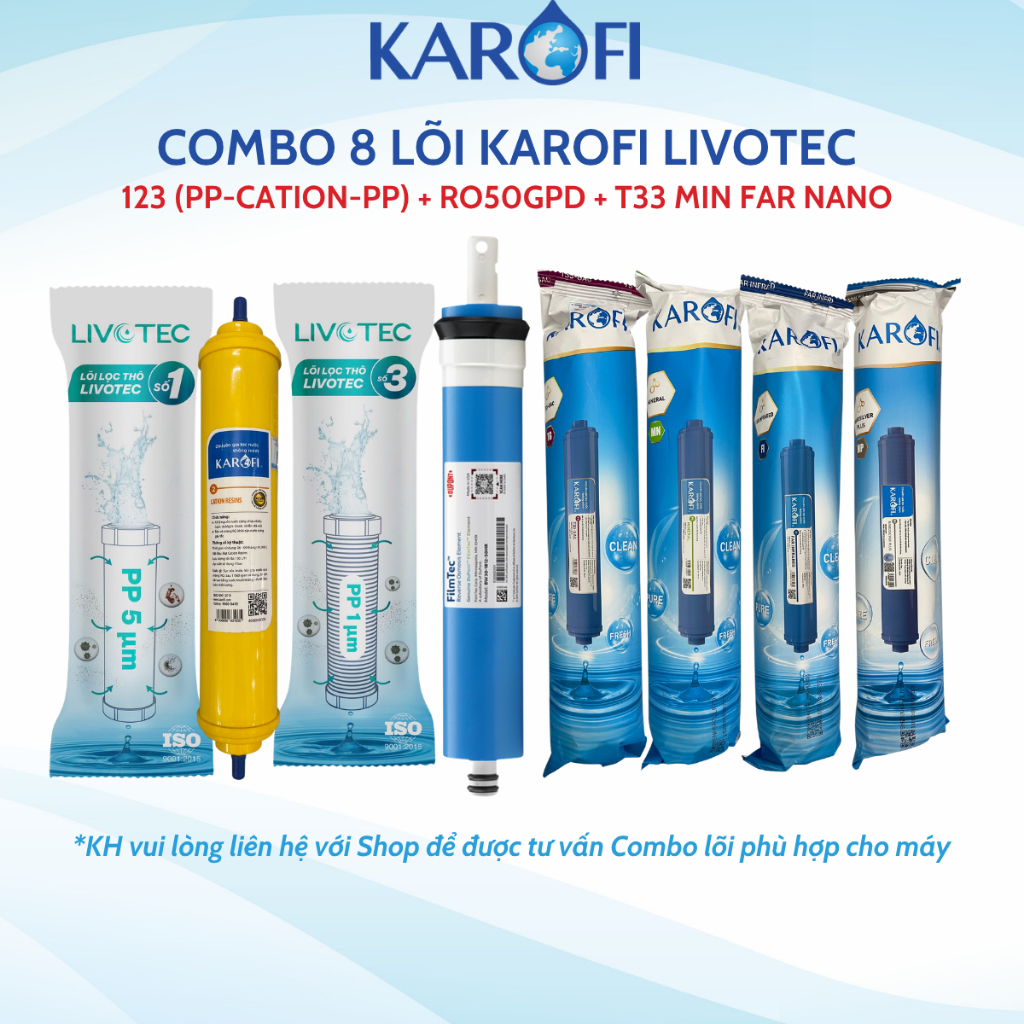Combo 8 Lõi Lọc Nước Karofi Gồm Lõi 123 (Lõi 2 Cation Nhỏ) - Màng RO Dupont 50GPD - 4 Lõi Chức Năng 