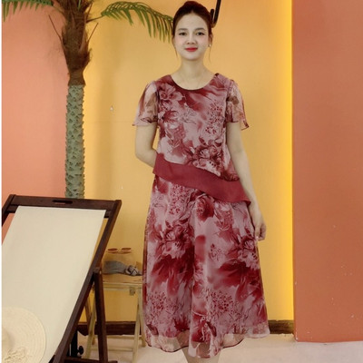 Đầm xòe trung niên cho mẹ - Cổ tròn tay ngắn - Hồng trà hoa - TTV2083