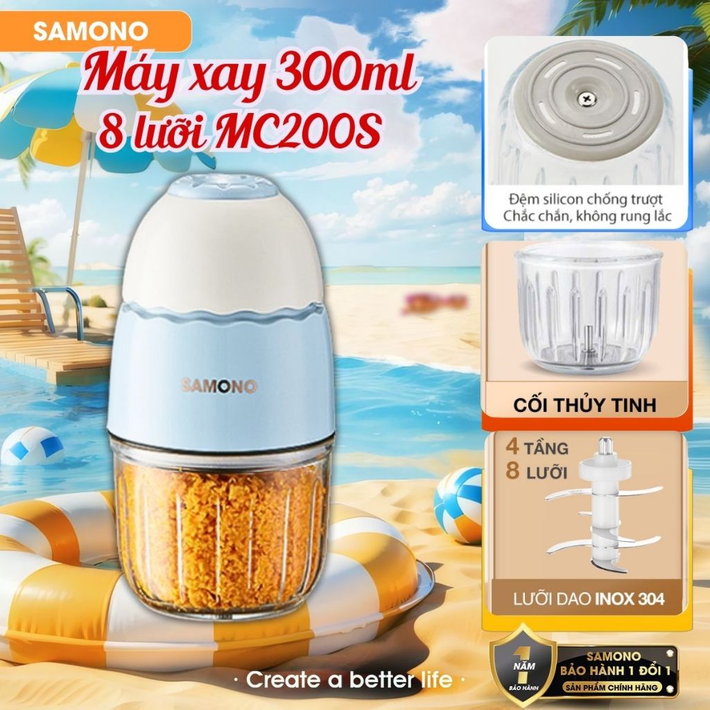 (Dao 8 lưỡi) Máy xay ăn dặm 0.3L Samono SW-MC200S cho bé, 200W, cối thủy tinh, xay thịt nhuyễn mịn