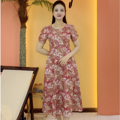 Đầm xòe trung niên cho mẹ - Cổ tròn tay ngắn - Hồng hoa - TTV2086