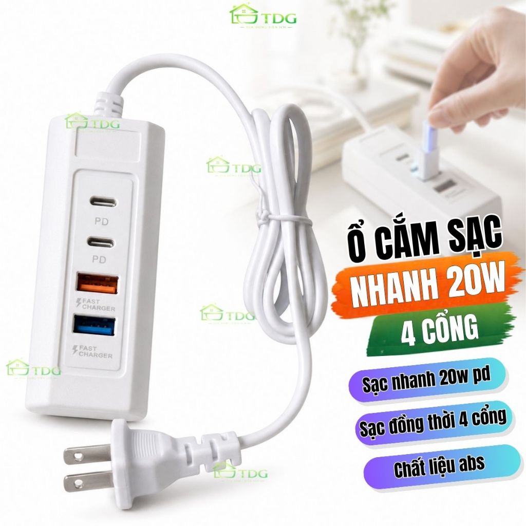 Ổ cắm sạc nhanh 20w 4 cổng kết nối AnHome sạc điện thoại máy tính và các thiết bị khác an toàn tiện 