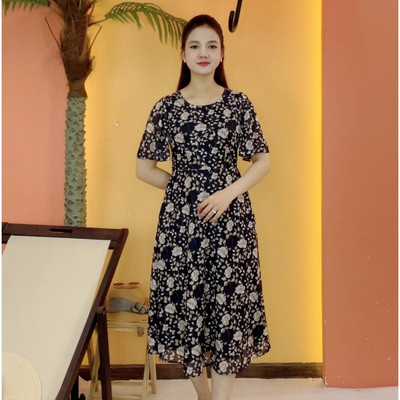 Đầm xòe trung niên cho mẹ - Cổ tròn tay ngắn - Xanh đen hoa - TTV2087