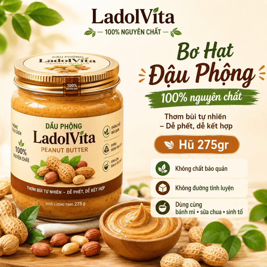 [LadolVita] Peanut Butter Hũ 95g/275g – Bơ Hạt Đậu Phộng 100% Nguyên Chất, Thơm Bùi Mịn Dễ Phết