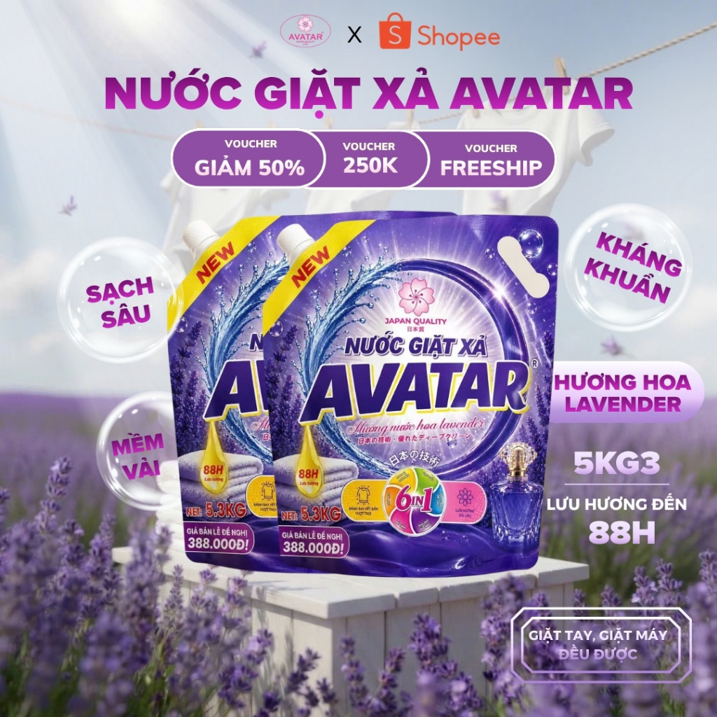 Nước Giặt Xả AVATAR 6in1 Hương Hoa Lavender Lưu Hương 88H Sạch Sâu Mềm Vải Dịu…