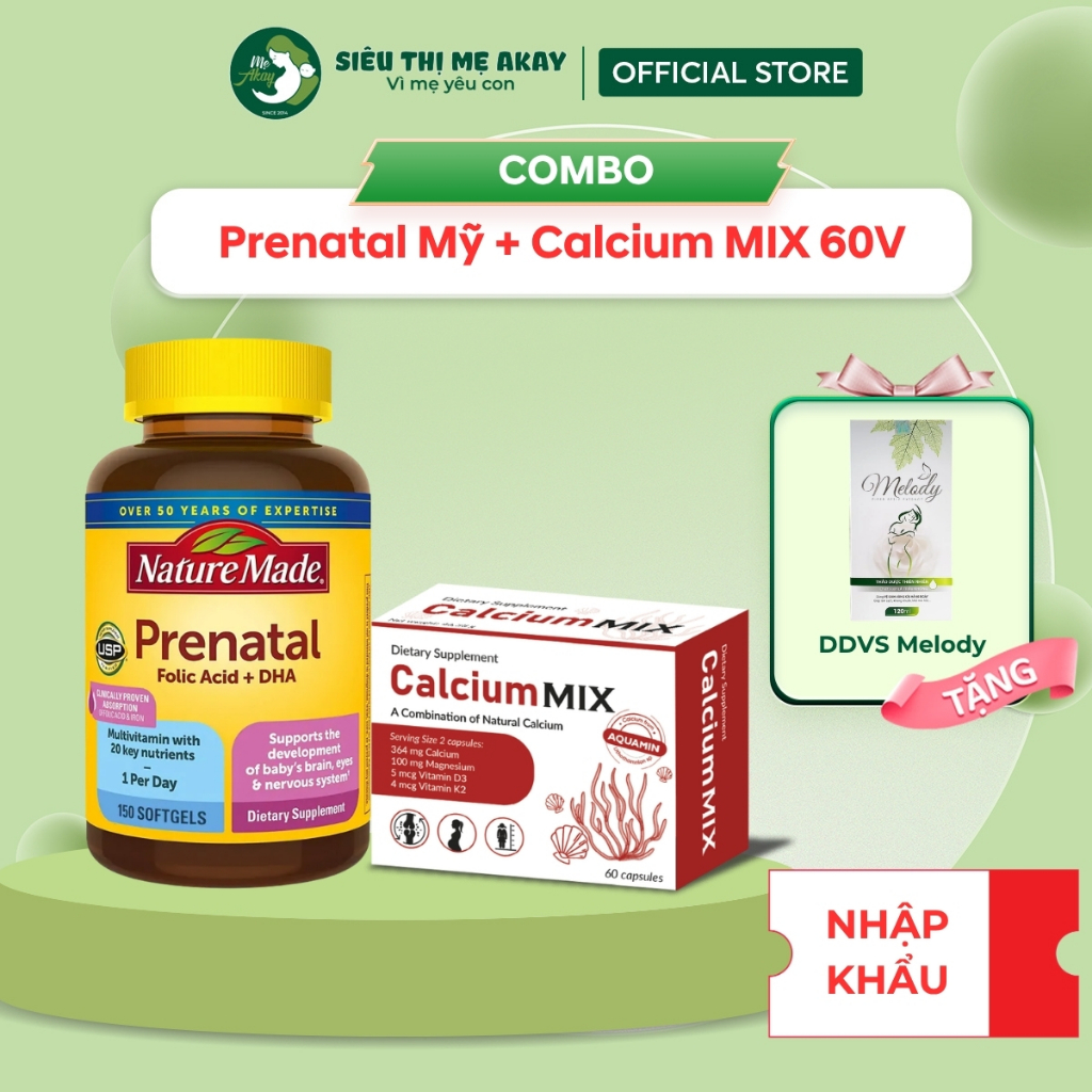 Combo Prenatal và Calcium mix, vitamin bầu tổng hợp và canxi hữu cơ bổ sung Sắt, Acid folic, canxi, 
