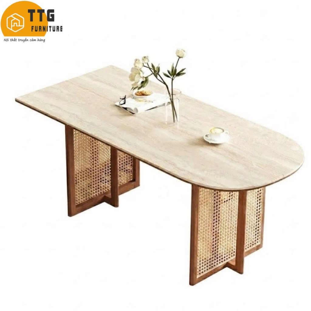 Bàn Ăn Gỗ Phối Mây VBA03 TTG FUNITURE Phong Cách Japandi