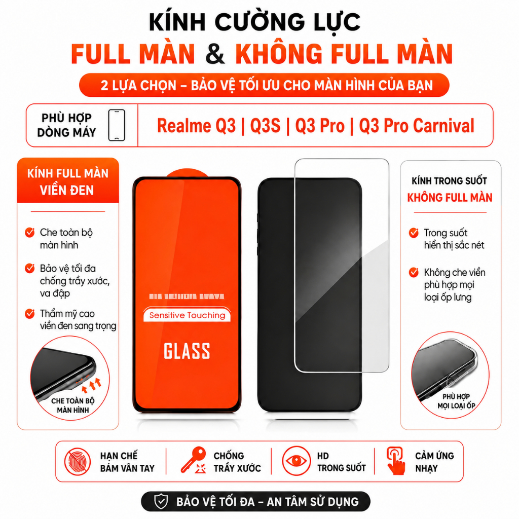 Kính cường lực Cho Realme Q3 Q3S Q3 Pro Q3 Pro Carnival full màn chỗng vỡ, Kính trong suốt không ful
