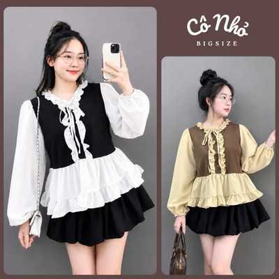 Set Áo Váy Bigsize Nữ Áo Babydoll Tay Dài Bồng Vạt Bèo Phối Chân Váy Bí Dễ Thương A336+CV413