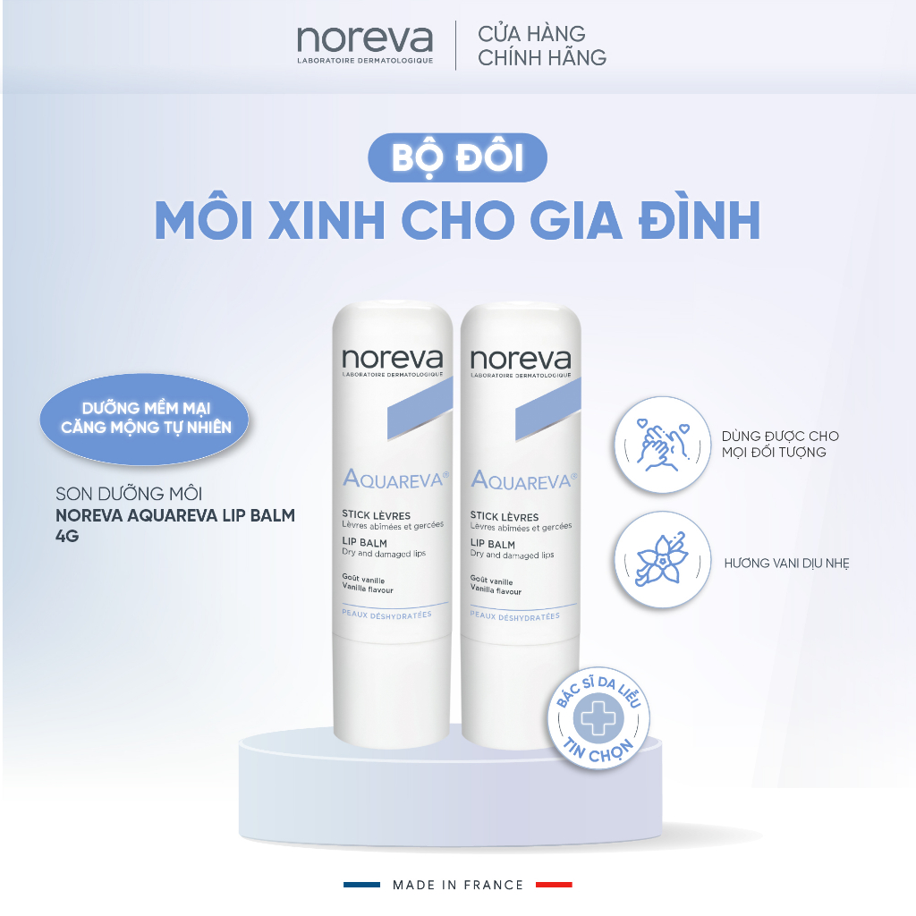 Combo 2 Son dưỡng mềm mại tự nhiên Noreva Aquareva Lip Balm 4g cho cả gia đình