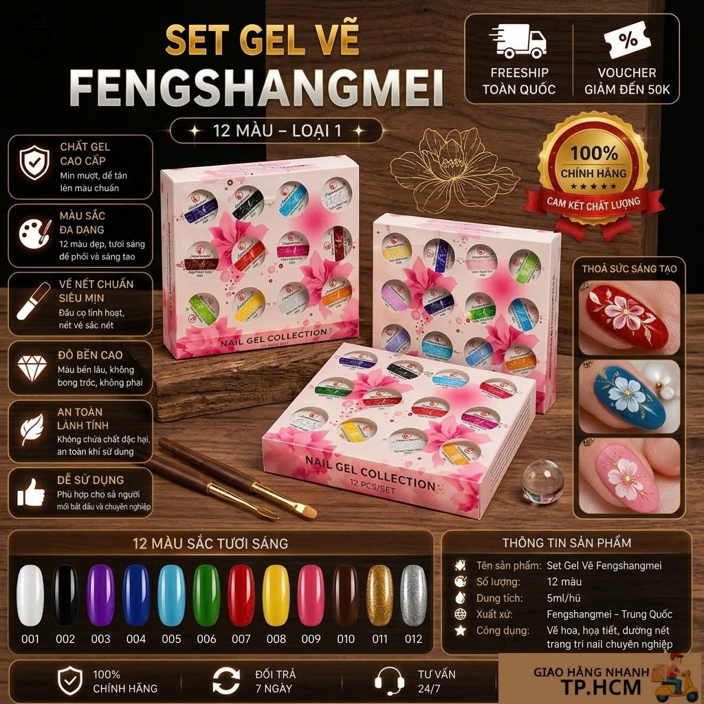 Gel vẽ nail Fengshengmei 12 màu  4 Mã M01 M02 M03 M04 Gel vẽ cao cấp loại siêu đặc chuẩn màu Nails D