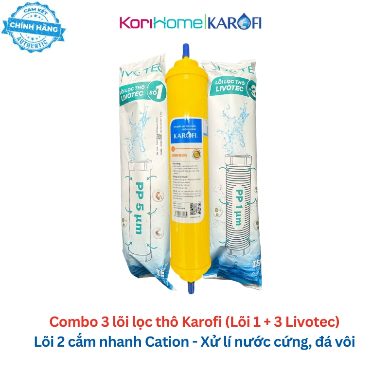 Bộ 3 lõi lọc thô Karofi cho nước cứng dùng lõi Cation resin cắm nhanh dùng cho các dòng máy E8RO, H8