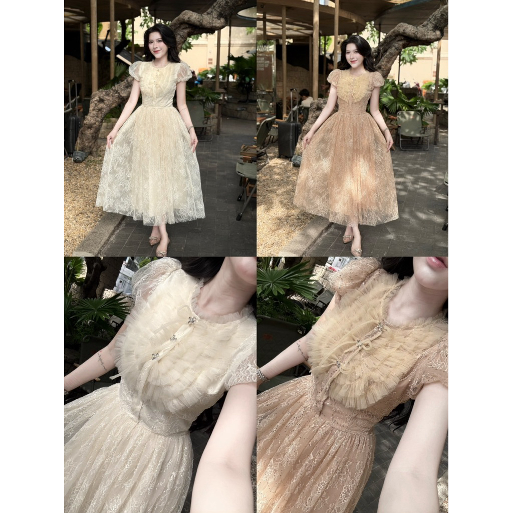 Hạnh sino.97 Váy ren phối bèo mới tay hến, hàng 3 lớp bồng bềnh
