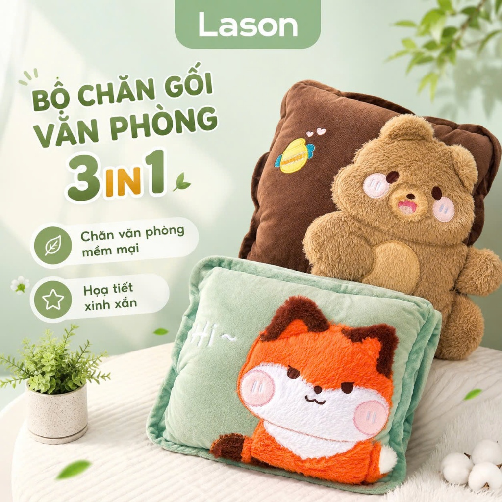 Bộ gối văn phòng 3in1 Lason Animals tiện lợi, gối văn phòng mềm mại, gối kèm chăn nhỏ gọn