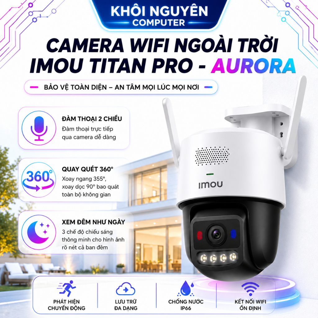 Camera Wifi Ngoài Trời Imou Titan Pro 6MP Aurora U7LP Quay Quét 360° AI Xem Đêm Có Màu