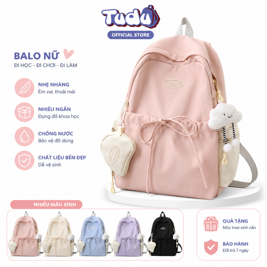 Balo nữ đẹp Tudu Phong cách thời trang Hàn Quốc đơn giản màu trơn, Ba Lô Đi Học vải chống nước CN014