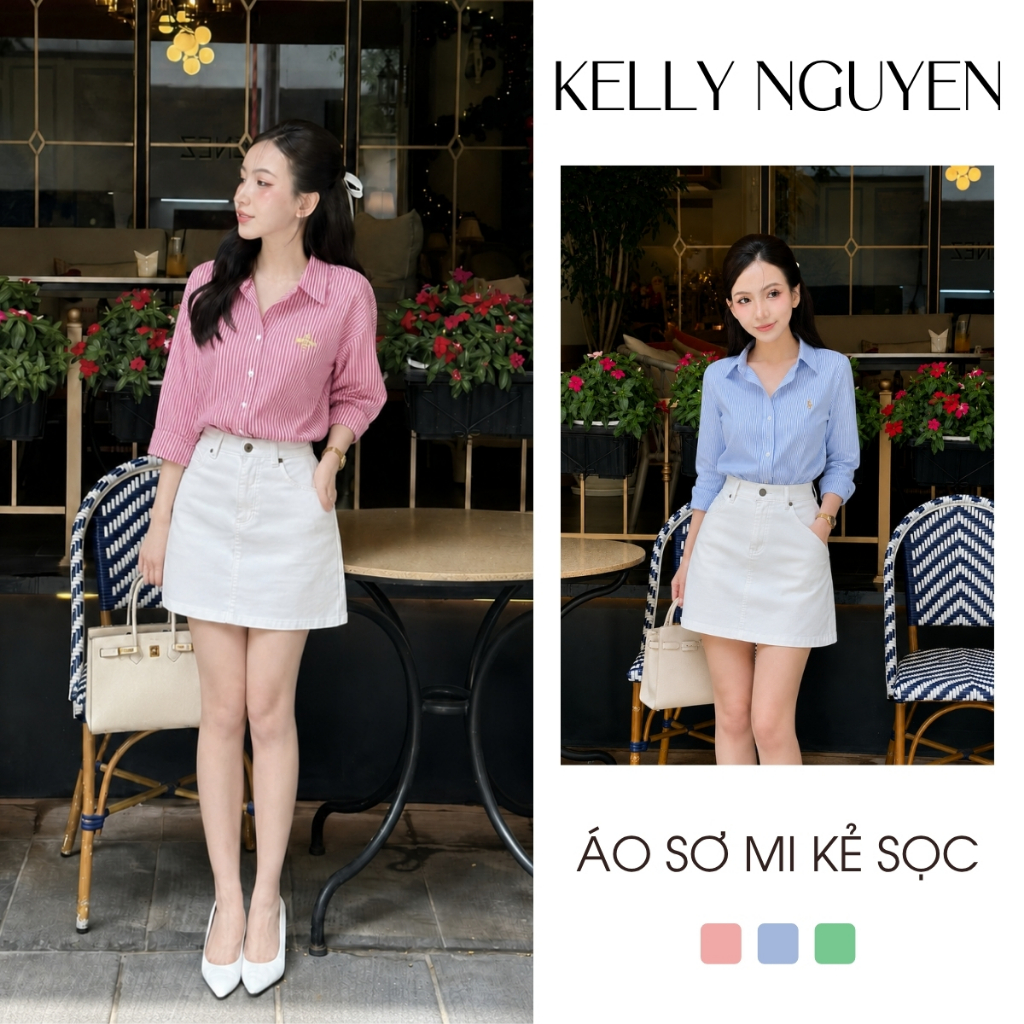 Áo sơ mi kẻ sọc KELLY NGUYỄN, chất liệu Linen, họa tiết kẻ sọc, thanh lịch, dễ phối đồ| ASM004