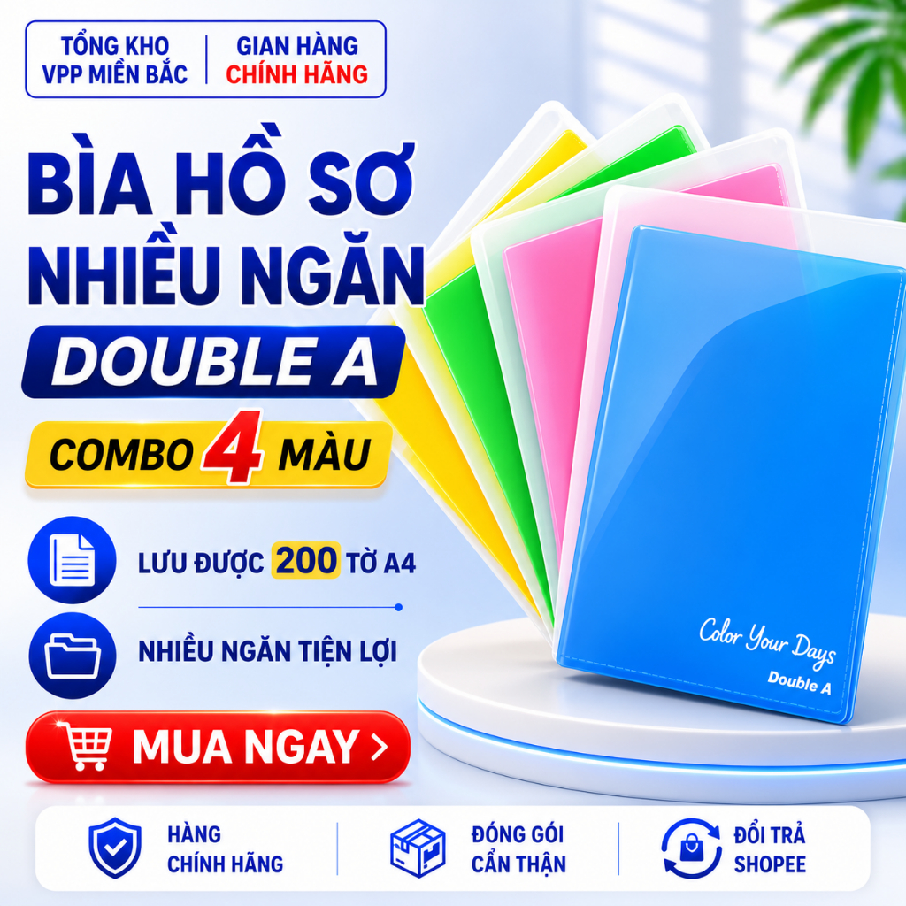 Combo 4 Bìa hồ sơ Nhiều Ngăn Double A, Lưu được 200 tờ A4 - Lưu được tài liệu khổ A3 - A4 - A5