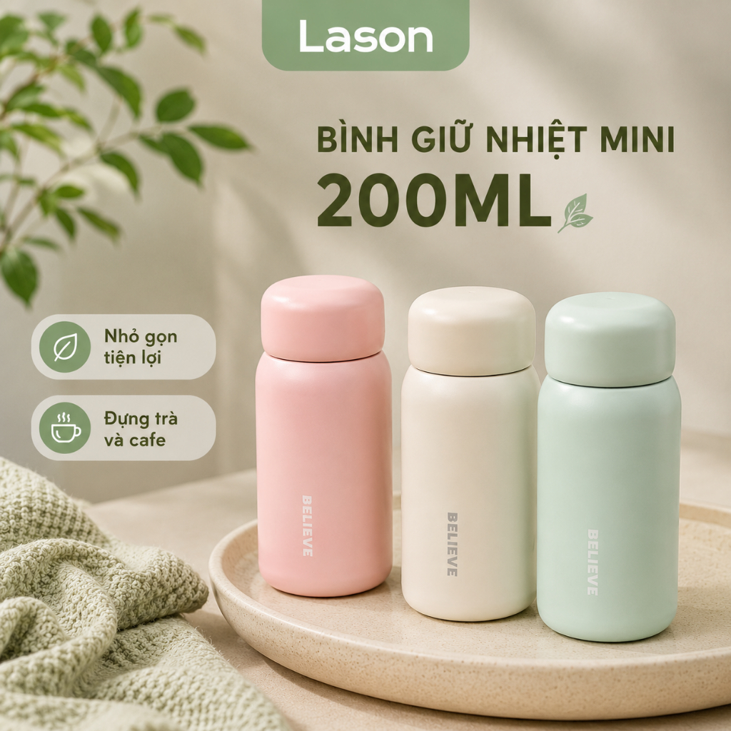 Bình nước giữ nhiệt Lason Believe 200ml nhỏ gọn, bình đựng cafe, bình đựng trà 6 màu