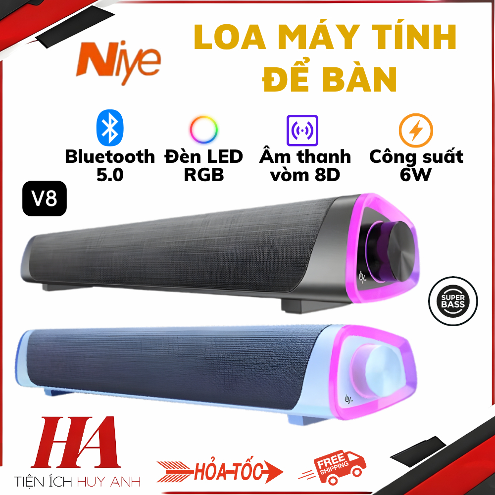 Loa Vi Tính SoundBar Bluetooth, Có dây cắm Led RGB Niye V8 - Âm Thanh Vòm 8D Chân Thực Sống Động