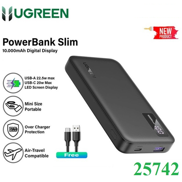 Sạc dự phòng 10000mAh Slim sạc nhanh 2 chiều, PD 20W, PD 3.0, LED hiển thị, Ugreen 25742 PB311