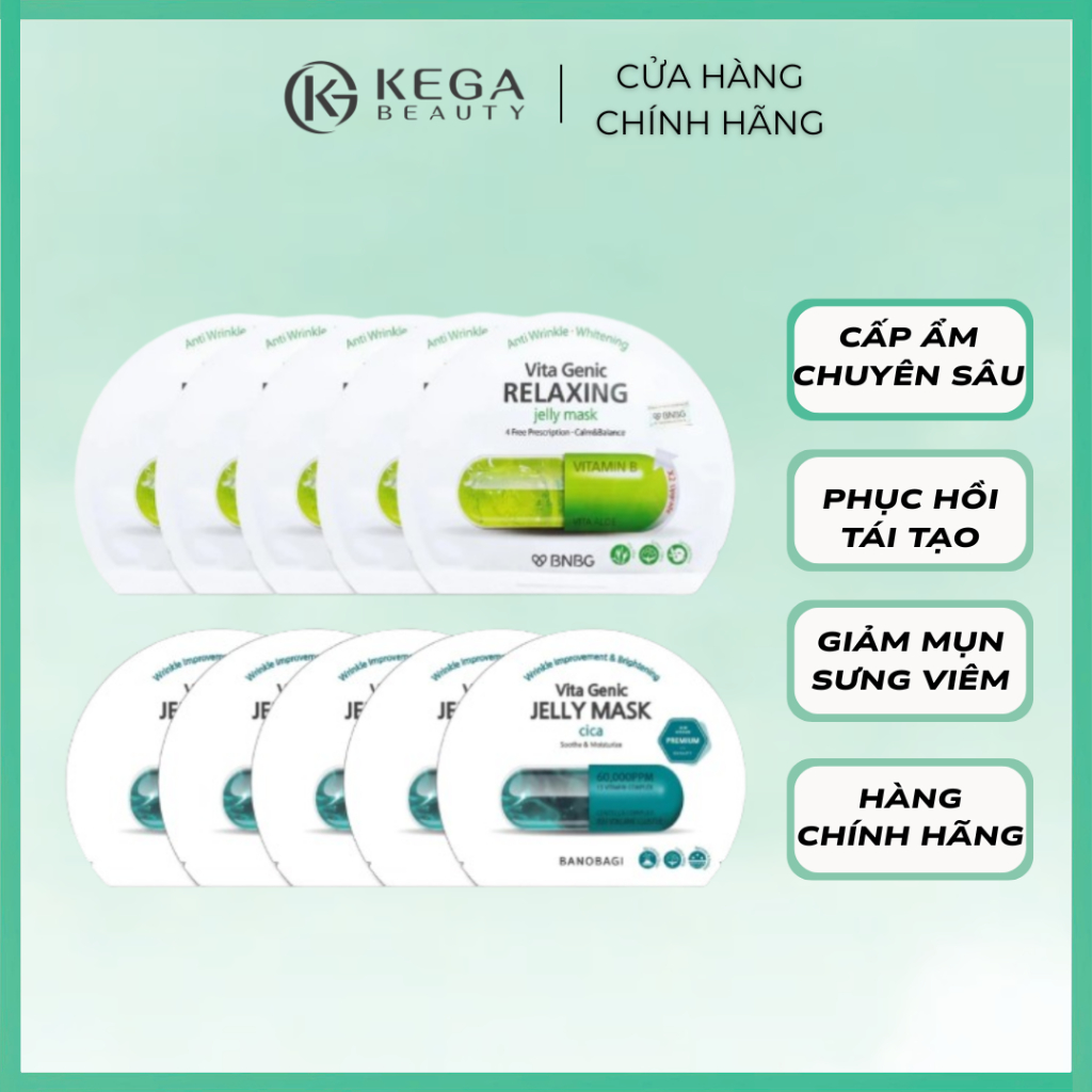 Mix 10 Miếng BNBG Vita Genic Xanh Lá và Banobagi Vita Genic Cica Phục Hồi Da Mụn Hàn Quốc