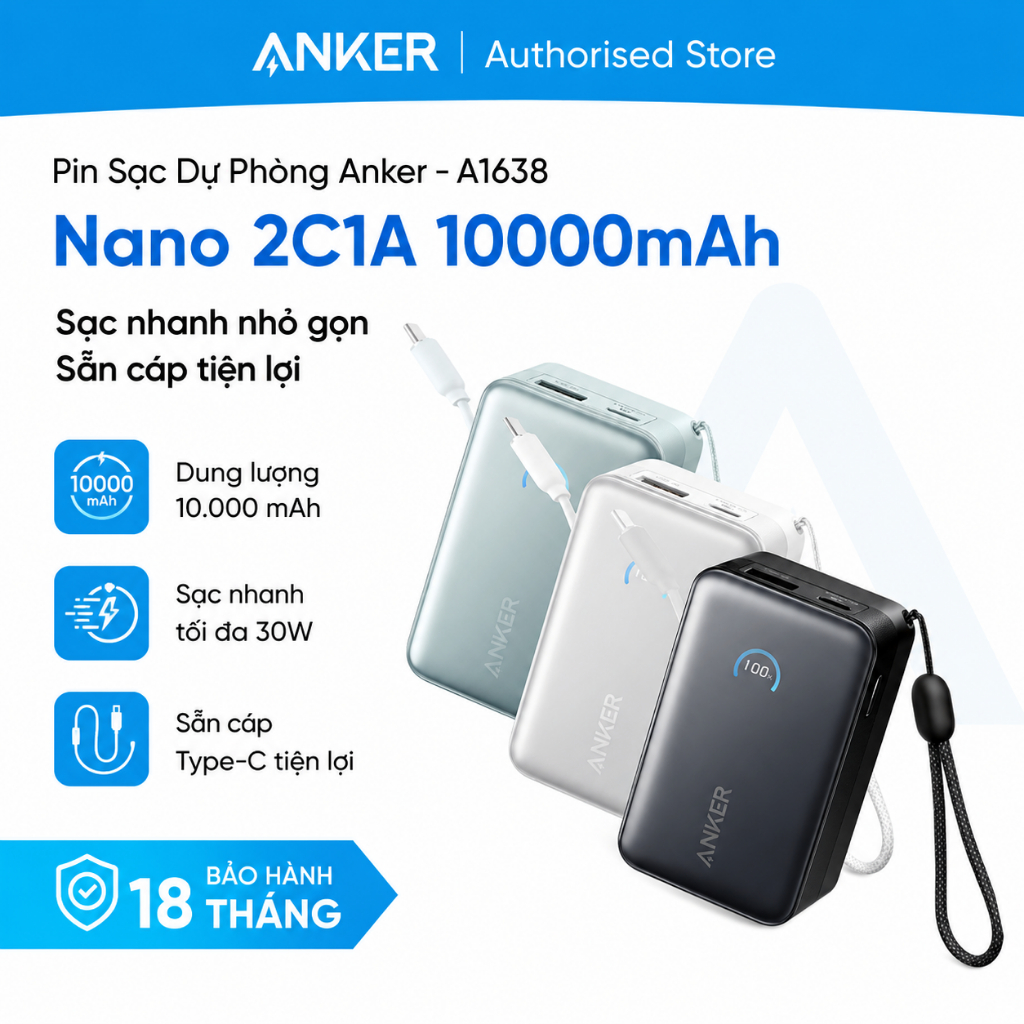 Pin Sạc Dự Phòng Anker Nano 2C1A 45W 10000mah - A1638 - Hàng chính hãng - Bảo hành 18 tháng