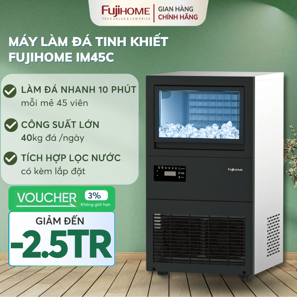 Máy làm đá viên sạch 40kg FUJIHOME IM45C có lọc nước, máy tạo đá tinh khiết quán cafe, nhà hàng