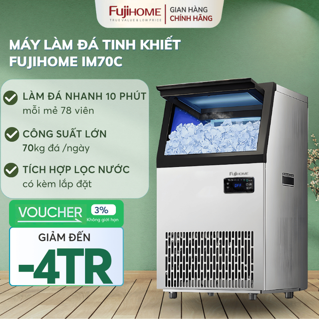 Máy làm đá nhanh kèm lọc UF Nhập Khẩu FUJIHOME IM70C, máy tạo đá tinh khiết nhà hàng cafe quán nước
