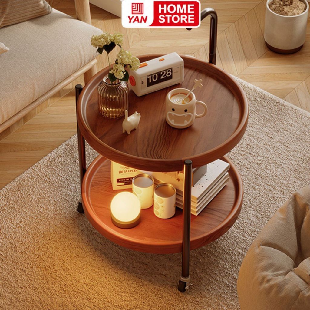 Bàn trà 2 tầng mặt tròn có bánh xe  - gm188