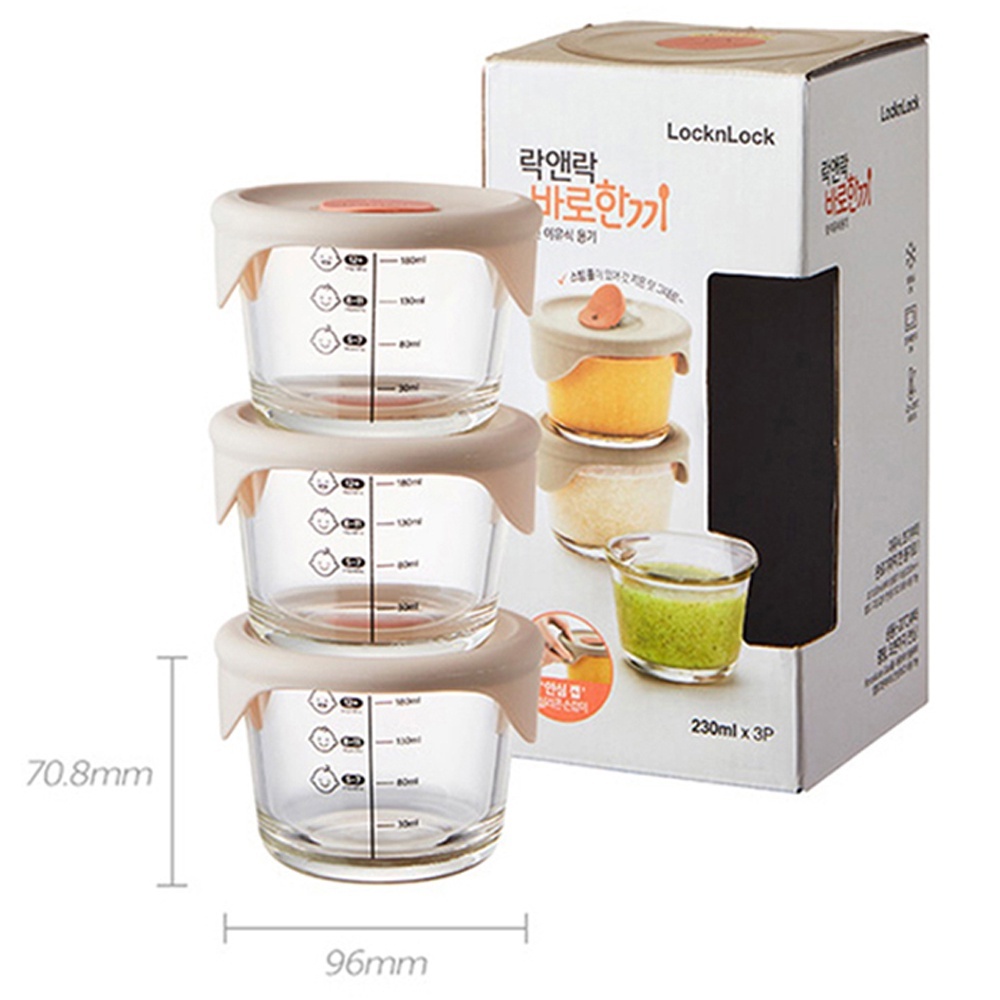 Hộp Thủy Tinh Chia Vạch Lock&Lock LLG508 Nắp Silicone  230ml Đựng Thức Ăn Cho Bé Từng Tháng Tuổi