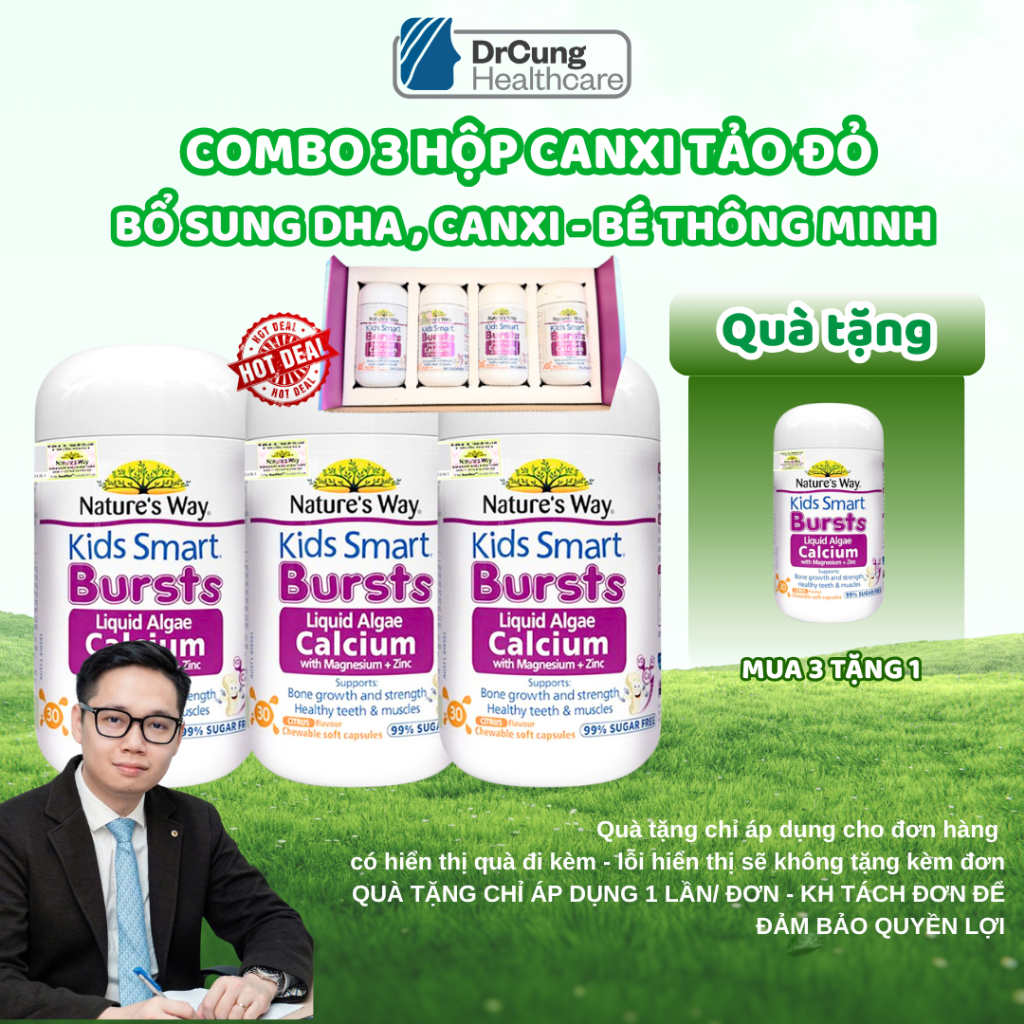 COMBO 3 HỘP Nature's Way Kids Smart CANXI TẢO NỘI ĐỊA ÚC CHO BÉ - Bổ Sung Canxi, Magie, K2, Bé Khỏe
