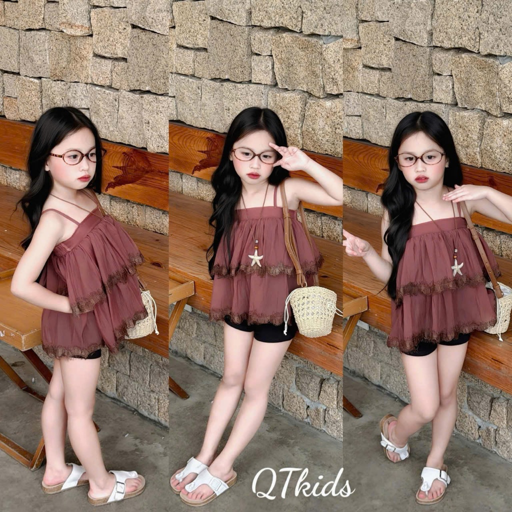 Set áo hai dây ren mùa hè, chất áo mát sành điệu hai lớp bồng tôn da năng động đi biển cho bé gái từ