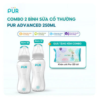 Combo 2 bình sữa Pur Advanced 250ml cho bé, mỗi bình có sẵn núm M (3-6th)